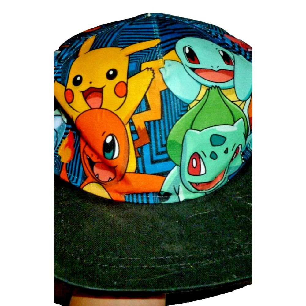 Pokemon Youth Snapback Hat Pikachu Squirtle Bulbasaur All Over Print Cap Black
